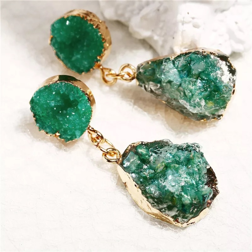 Green and Gold Irregular Cluster Resin Earrings